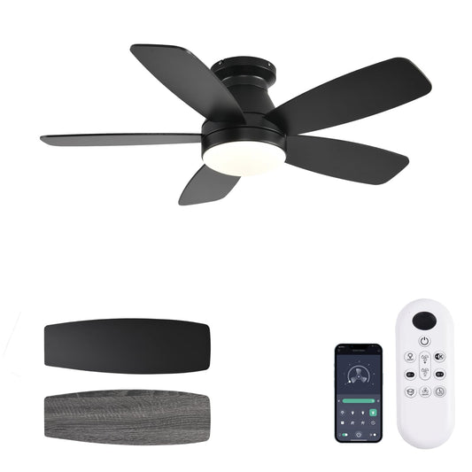 JSAITEE Ceiling Fans with Lights, 42 Inch Low Profile Ceiling Fan with Light and Remote/App Control, Flush Mount, Reversible, 3CCT, Dimmable, Noiseless, Black Ceiling Fan for Indoor/Outdoor Use