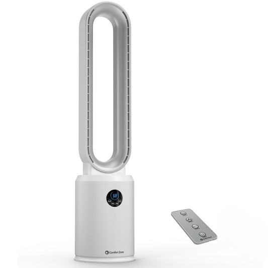 Comfort Zone 40-Inch Bladeless Tower Fan for Bedroom – Quiet Standing Fan with Remote Control, 9H Timer & Wide Area Oscillation – Turbocharged Airflow & Digital LED Display – White/Silver