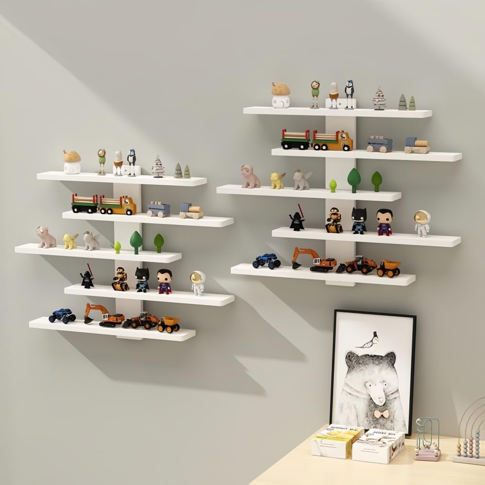 HUHUJIA 5-Tier Floating Wall Mounted Shelves, Wall Display Storage Shelf for Anime Figurines, Dolls, Plants & Statues, Decorative Organizer for Bedroom, Living Room, Study, Kids Room(White)