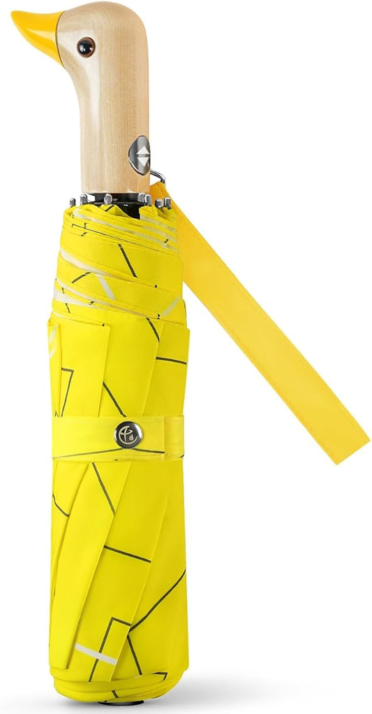 Cute Duck Umbrella Automatic - Compact Pretty Pocket Size Strong Duck Collapsible Umbrella Yellow Wooden Handle for Women