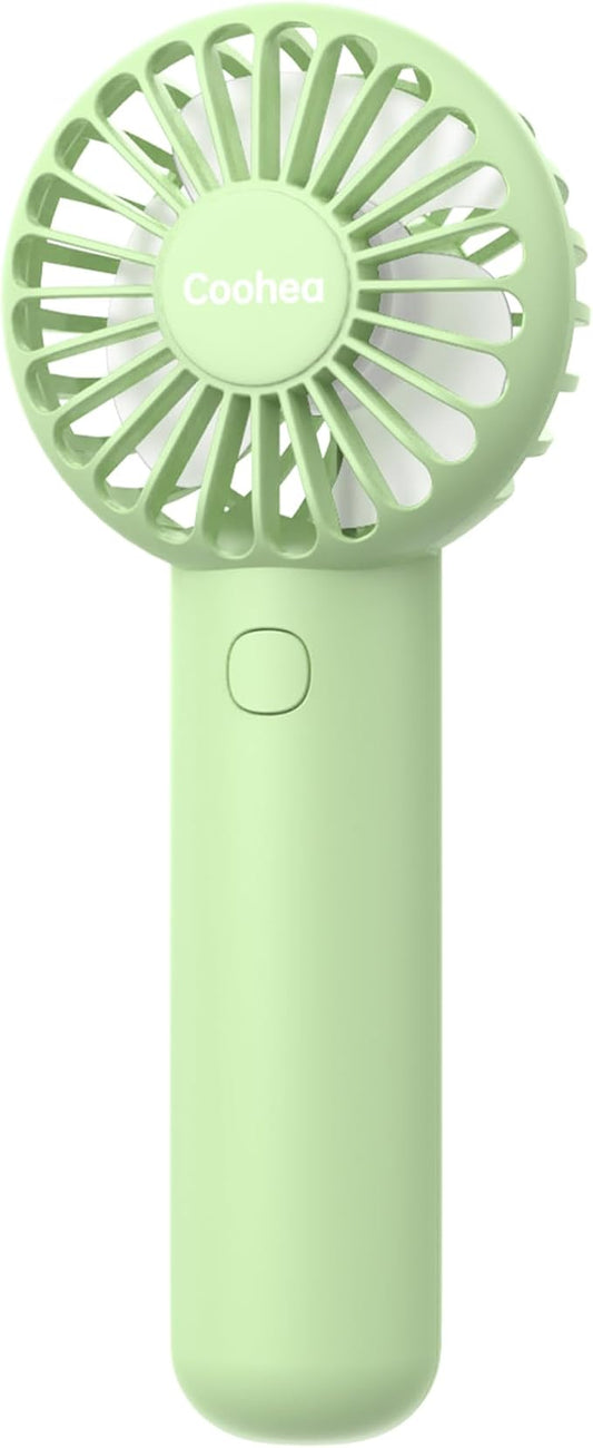 Coohea Mini Handheld Fan, Small Cute Design, 3 Powerful Speeds, USB Rechargeable Battery Operated, Portable Personal Fan with Base & Lanyard, for Eyelash Makeup Travel Beach Office Desk, Green