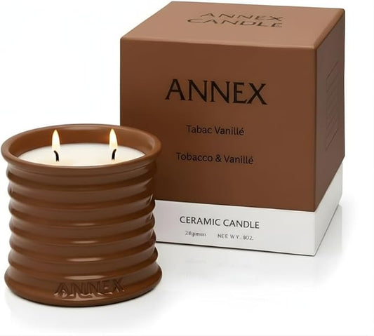 Scented Luxury Candles in Handmade Ceramic Jars, Soy Wax | Vanilla - Tobacco - Amber, Large Candle | Non Toxic, 2 Wicks, Reusable Big Brown Jar | Natural Spring Aromatherapy Gift for Women & Men