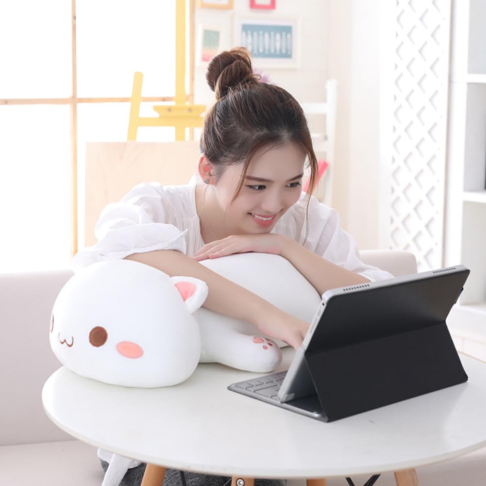 Jensquaify Cat Plush Hugging Pillow, Soft Cat Stuffed Animals Kawaii Kitten Plush Toy Gifts for Kids (White Round Eyes, 25.5")