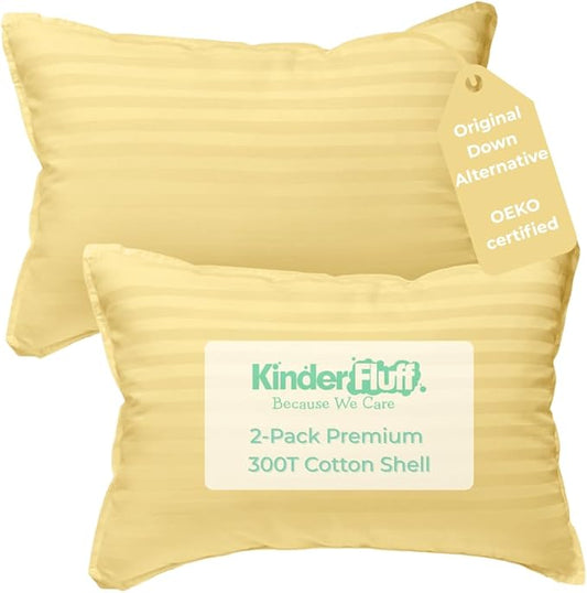 kinder Fluff Pre-Teen Pillows (2Pack) 17x26in - Pillows for Kids Age 12+, 100% Cotton Sateen Stripes 300T, Down Alternative Fill, Machine Washable - Children & Travel Cushion - Yellow - XL