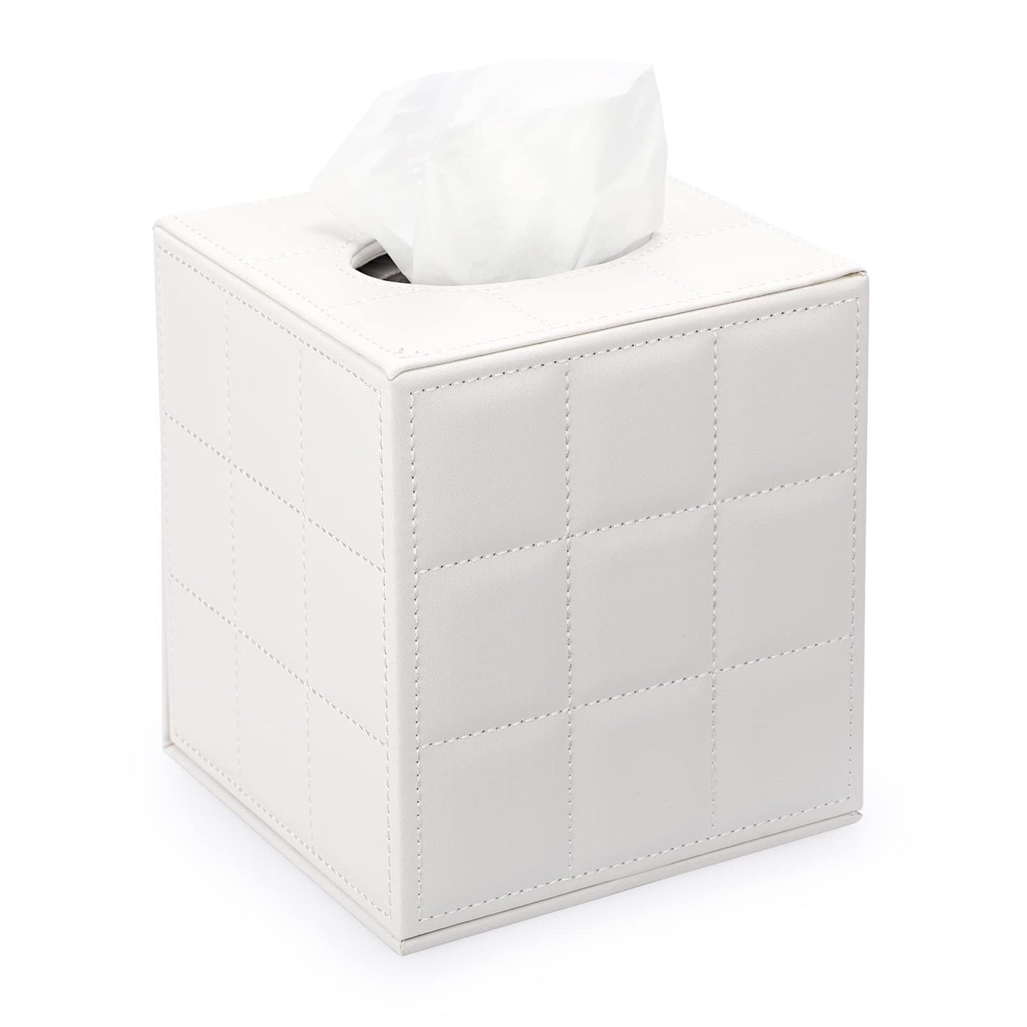 Sumnacon Square Leather Tissue Box Cover - Stylish Cube Tissue Box Holder with Magnetic Bottom, Decorative PU Tissue Box for Vanity Dresser Night Stand Table Countertop Home Office Car, Grid White