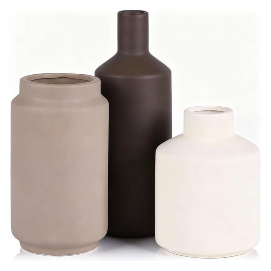 Neutral Ceramic Vase Set of 3 – Modern Decorative Vases, Small Flower Pottery Vase Sets, Boho Farmhouse Rustic Vases for Living Room, Kitchen, Bedroom, Bathroom, Shelf, Table