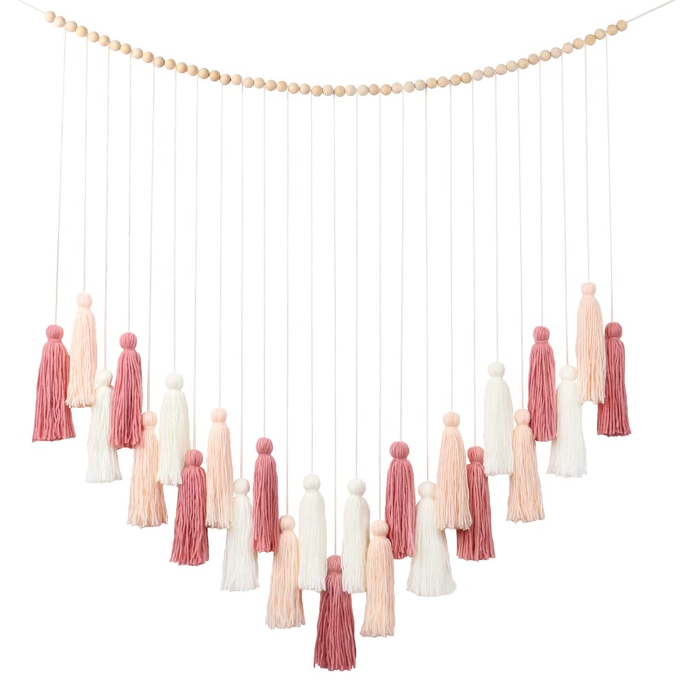 DrCor Blush Pink Macrame Wall Hanging – Boho Tassel Wall Decor for Nursery, Girls Bedroom, Dorm Room, Baby Shower, Classroom Reading Corner, Wedding Backdrop & Cozy Home Decor