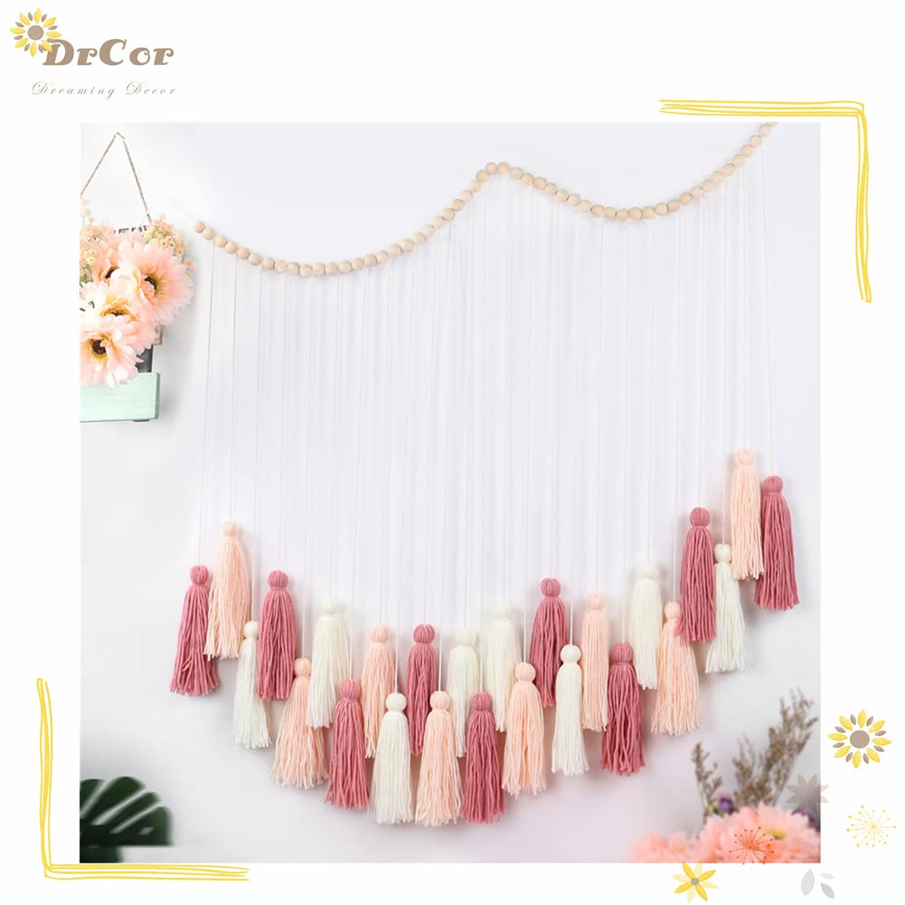 DrCor Blush Pink Macrame Wall Hanging – Boho Tassel Wall Decor for Nursery, Girls Bedroom, Dorm Room, Baby Shower, Classroom Reading Corner, Wedding Backdrop & Cozy Home Decor