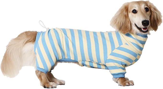 HowlyWoof Dachshund Dog Shirt, Thin Striped Base Layer Onesie for Wiener Dogs, Lightweight All-Season Wear, Soft & Comfy Fit for Doxie and Short-Leg Breeds (Blue&Yellow, Size 1 (7-11lbs))