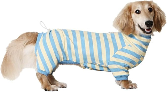 HowlyWoof Dachshund Dog Shirt, Thin Striped Base Layer Onesie for Wiener Dogs, Lightweight All-Season Wear, Soft & Comfy Fit for Doxie and Short-Leg Breeds (Blue&Yellow, Size 1 (7-11lbs))