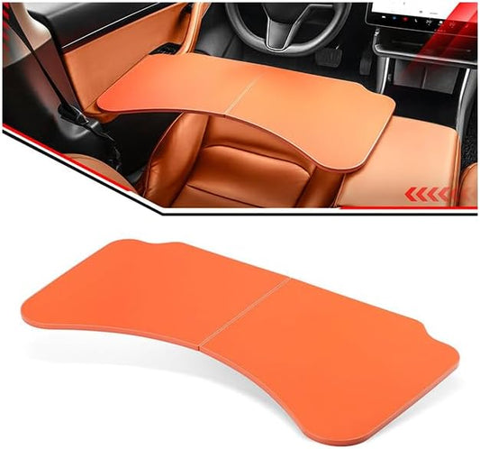 BINB ROAD Leather Tray Table Folding Car Table Compatible with Tesla Model 3 Y – Multi-Use Dining Tray & Laptop Stand, Fits Front Driver & Passenger Seats,Orange