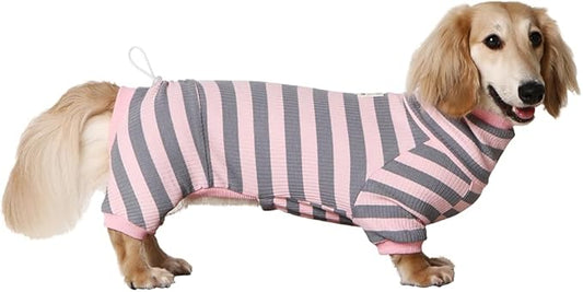 HowlyWoof Dachshund Dog Shirt, Thin Striped Base Layer Onesie for Wiener Dogs, Lightweight All-Season Wear, Soft & Comfy Fit for Doxie and Short-Leg Breeds (Pink&Grey, Size 1 (7-11lbs))