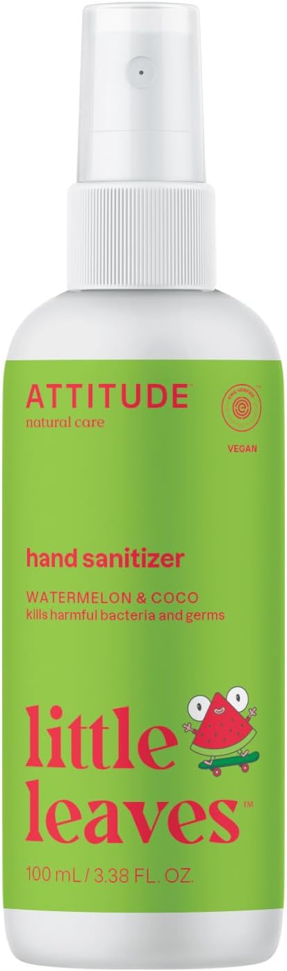 ATTITUDE Hand Sanitizer Spray for Kids & Adults, EWG Verified, Travel Size, Dermatologically Tested, Plant and Mineral Based, Vegan, Watermelon & Coco, 3.5 Fl Oz (Spray Bottle)