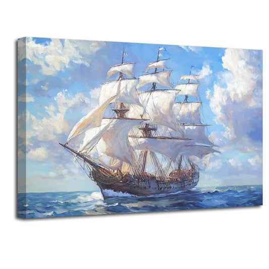 LZIMU Pirate Ship Canvas Wall Art Vintage Sailing Ship Pictures Prints Seascape Ocean Paintings Abstract Sailboat Poster Nautical Boat Artwork Living Room Bedroom Decor (Blue, (18L x 12W))