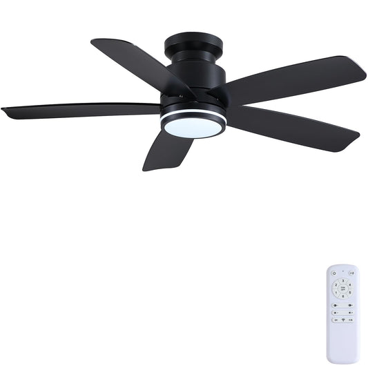Wiviniya 46 Inch Black Flush Mount Ceiling Fan with Light, 5 Blades Reversible Fan, 6-Speed & 2-Hour Timer, Remote Control, 3 CCT Dimmable for Living Room Bedroom