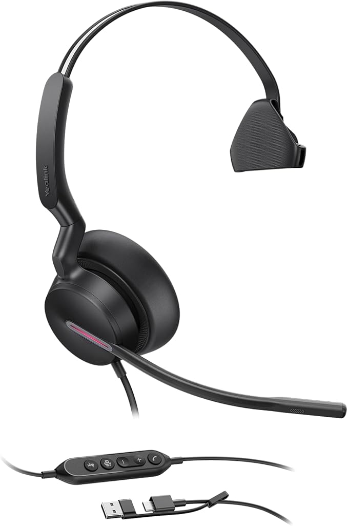 Yealink UH46 Mono USB Wired Headset with 3 Noise Cancelling Microphones for PC/Computer/Laptop, Teams Certified,Mute Call Button for Home Office Online Meetings, Plug & Play USB-C/A