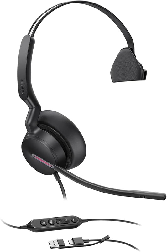 Yealink UH46 Mono USB Wired Headset with 3 Noise Cancelling Microphones for PC/Computer/Laptop, Teams Certified,Mute Call Button for Home Office Online Meetings, Plug & Play USB-C/A