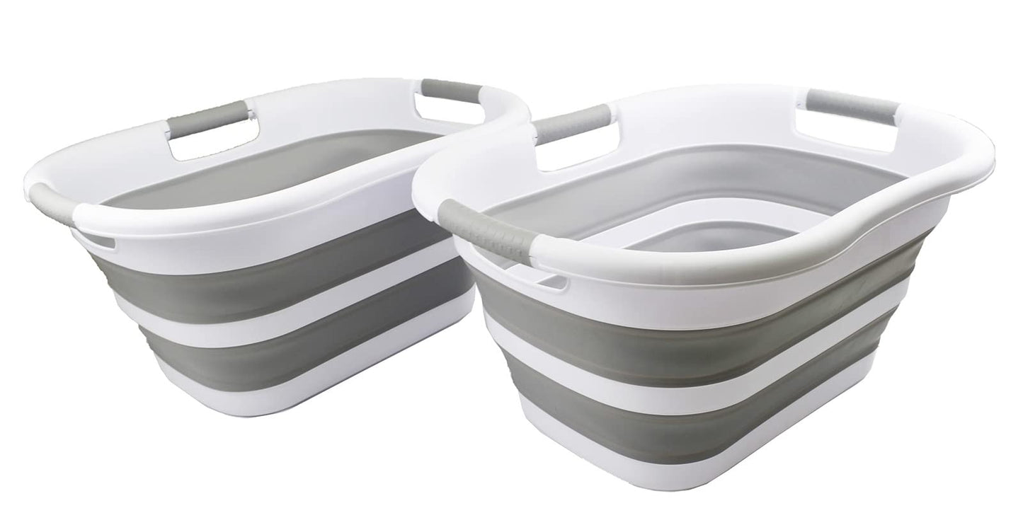 SAMMART 30L (7.9 gallon) Collapsible Plastic Laundry Basket - Foldable Pop Up Storage Container/Organizer - Portable Washing Tub - Space Saving Hamper/Basket (White/Grey (Set of 2))