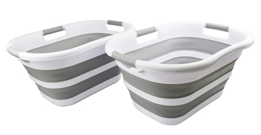SAMMART 30L (7.9 gallon) Collapsible Plastic Laundry Basket - Foldable Pop Up Storage Container/Organizer - Portable Washing Tub - Space Saving Hamper/Basket (White/Grey (Set of 2))