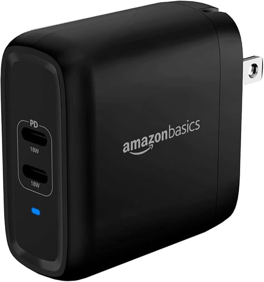 Amazon Basics 36W Two-Port USB-C Wall Charger (18W per Port) with Power Delivery PD for Tablets & Phones (iPhone 15/14/13/12/11/X, iPad, Samsung, and More), Non-PPS, 2.34 x 2.21 x 1.09 inches, Black