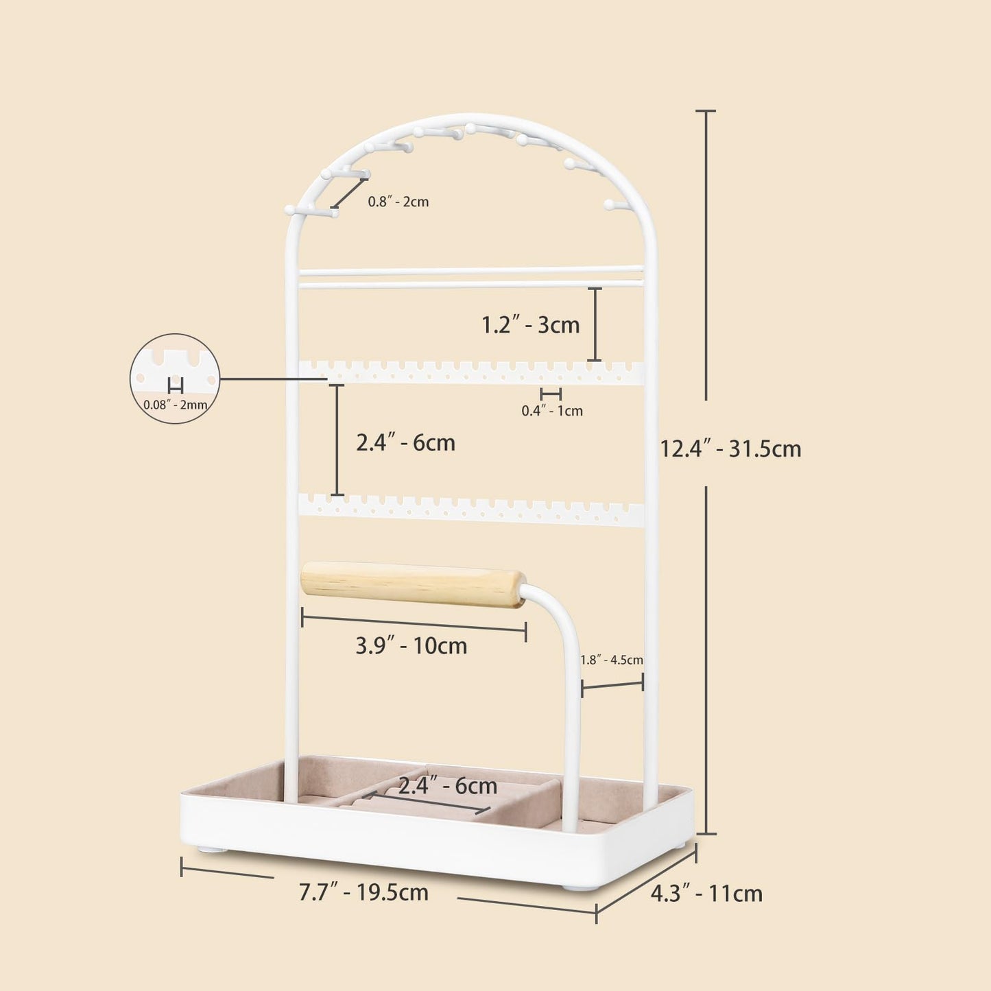 Saydear Multi-Functional Jewelry Holder Organizer Necklace Display Stand Velvet Lined Bar for Rings 2 Tier with 18 Hooks, 32 Earring Holes - Sturdy and Durable, Easy Organization White