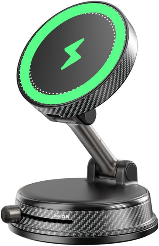 ZITUFAW 15W Fast Wireless Charger Magnetic Car Phone Holder, 360° Adjustable Magsafe Car Mount with Vacuum Suction Cup, Phone Holders for Your Car for iPhone & Android (Black)