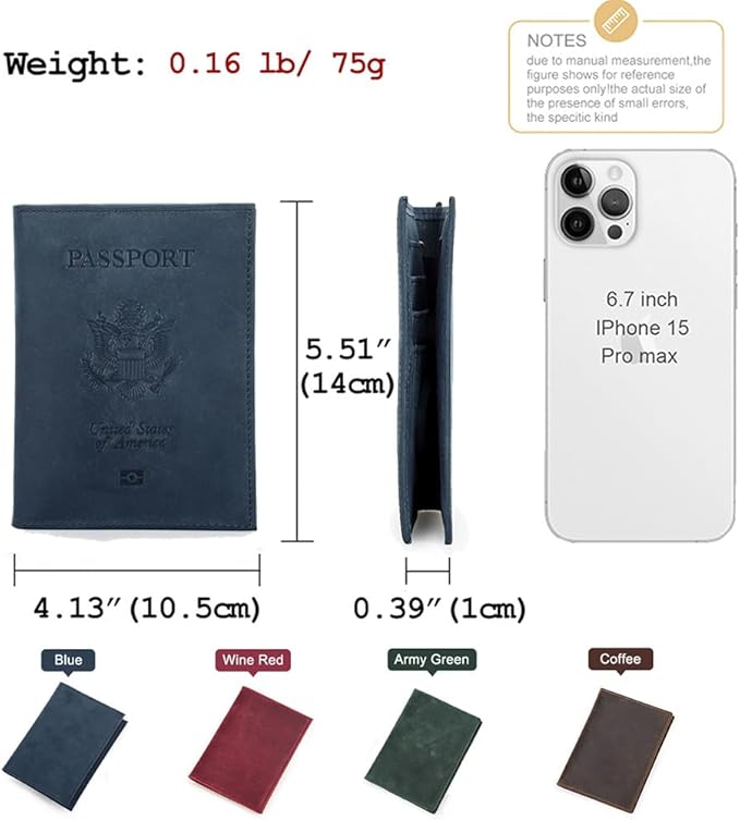 CONTACTS Full Grain Leather Airtag Passport Holder RFID Blocking Travel Passport Wallet Slim Passport Cover Case with 4 Card Slots, Coin Pocket (US Passport Stamp, Blue)