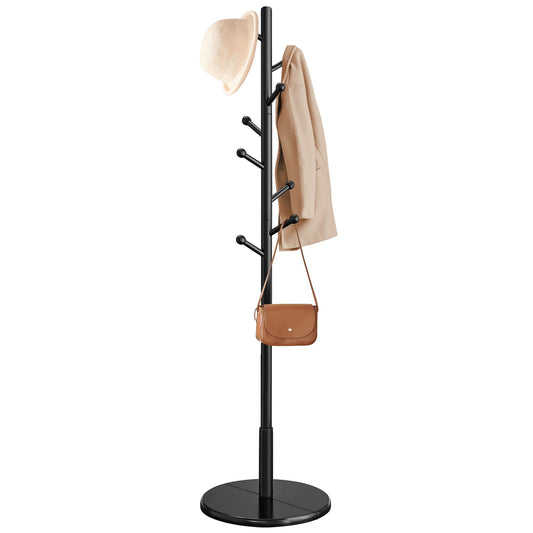 VASAGLE Solid Wood Coat Rack, Free Standing Hall Coat Tree with 8 Hooks, 3 Height Options, for Coats, Hats, Bags, Purses, for Entryway, Hallway, Rubberwood Hooks and Pole, Ink Black URCR007P33