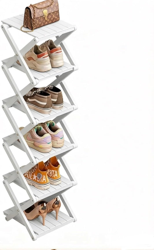 Bamboo Shoe Rack - No Assembly Required, Tall Narrow Foldable Shoe Organizer, Space-Saving Multifunctional Shelf for Entryways, Corners, Bedrooms, Balconies, 6 Layer White (Reinforced And Thickened )
