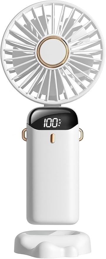 AMPMG LED Digital Display Rechargeable Fan – Portable Handheld & Desk Fan with Adjustable Speeds, USB Charging, Quiet Operation, and Base Stand for Home, Office, Travel and Outdoor Use (White)