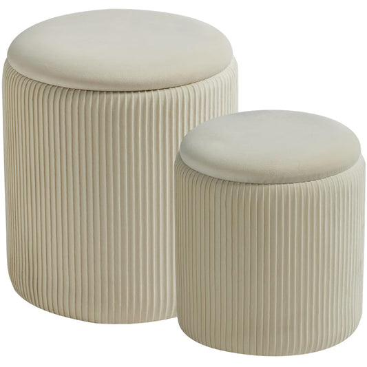 BLEXA Round Set of 2 Ottoman with Storage-Upholstered Velvet Vanity Stool for Makeup Multifunctional Ottomans Coffee Table Padded Seat Foot Rest for Living Room&Bedroom(White)