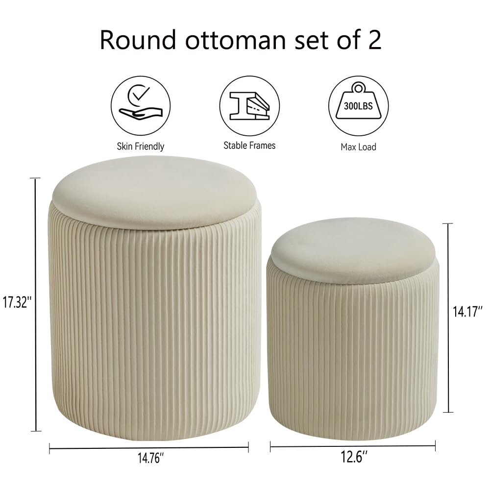 BLEXA Round Set of 2 Ottoman with Storage-Upholstered Velvet Vanity Stool for Makeup Multifunctional Ottomans Coffee Table Padded Seat Foot Rest for Living Room&Bedroom(White)