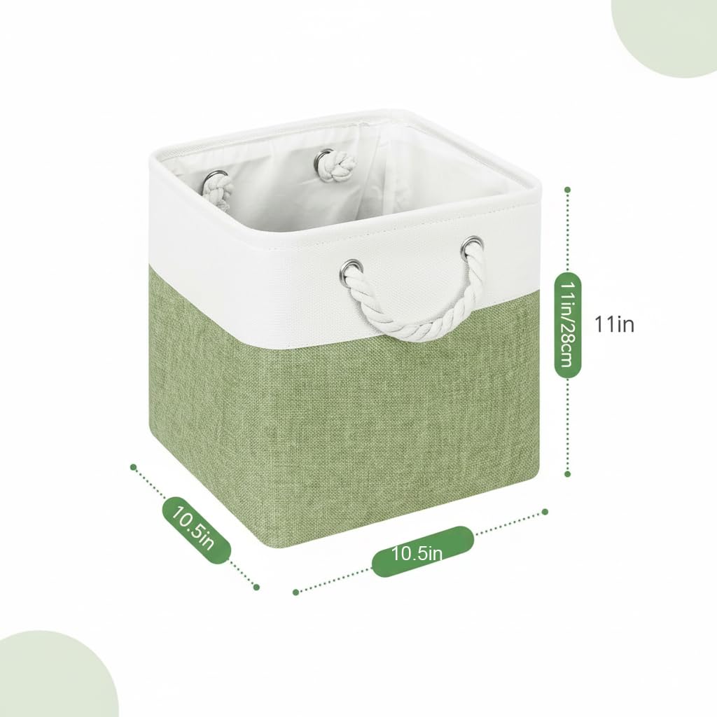 BOFUGA Cube Storage Bins, Collapsible Fabric Storage Cubes Bins, 11 Inch Cube Storage Bins with Handles, Foldable Storage Cubes (White/Green, 6Pack)