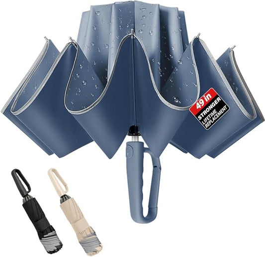 TOPSAIL 10 Ribs Inverted Umbrella with Carabiner Handle, Large Strong Windproof Umbrellas for Rain & Sun, 49" Portable Reverse Folding Compact Travel Umbrella with Safe Reflective Strip, for Women Men