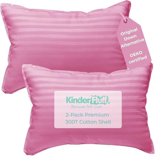 kinder Fluff Children Pillows for Bed (2X) 14x20in- The Only Kids Pillow 300T Cotton Shell & Down Alternative Fill - Travel Pillow for Children Bedding Set Sleeping Pillow Floor Bed Pillows- Pink- M