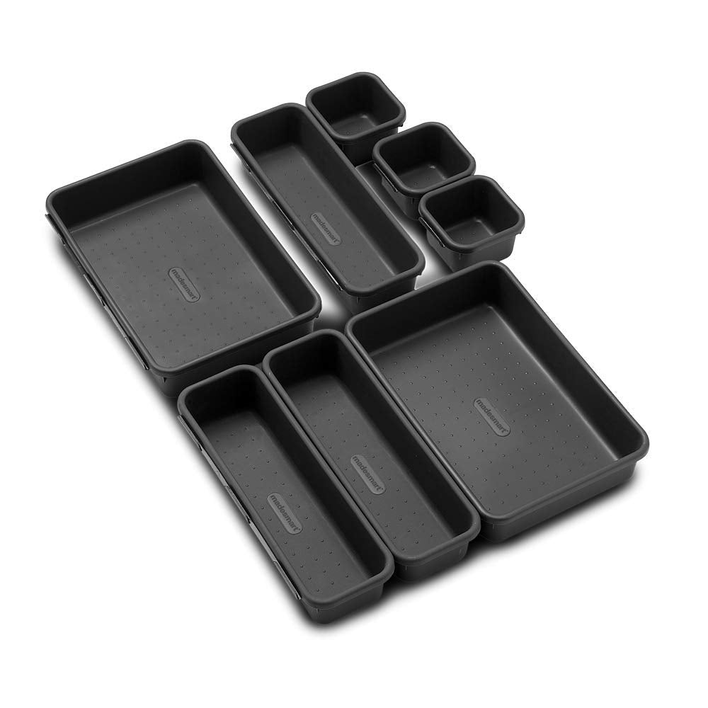 Madesmart 8-Piece Interlocking Bin Pack for Drawer Organization, Plastic Interlocking Junk Drawer Organizer Tray, Granite