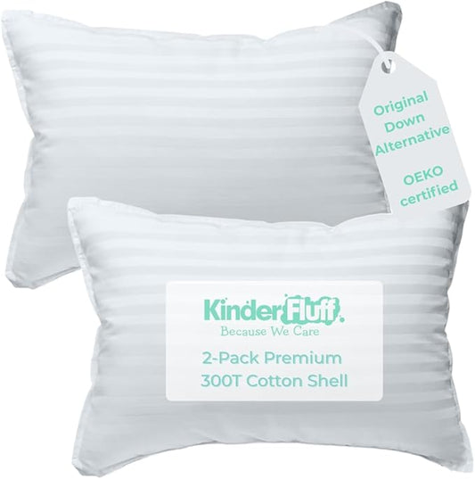 kinder Fluff Children Pillows for Bed (2X) 14x20in- The Only Kids Pillow 300T Cotton Shell & Down Alternative Fill - Travel Pillow for Children Bedding Set Sleeping Pillow Floor Bed Pillows- White- M