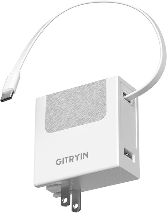 Gitryin Portable Phone Charger Block, Retractable Wall Charger with 33.5in Type-C Cable, 40W PD Fast Charging Block with USB A Port, Power Adapter with Foldable Plug for iPhone 16/15, Galaxy S23 22
