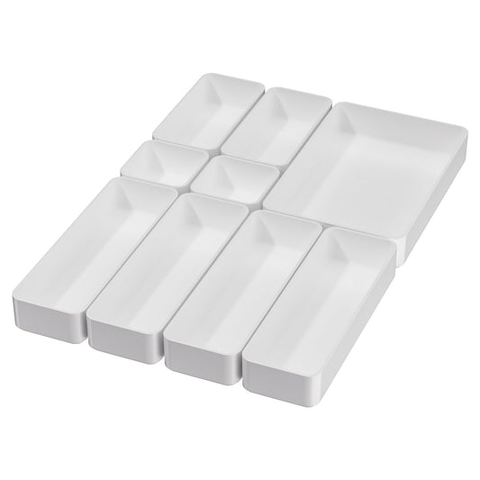 9 Pcs Stackable Drawer Organizer Trays Set, Multifunctional Stackable Storage Trays for Vanity, Bathroom, Kitchen, Desk Drawer Organizer Office. Plastic Drawer Organizers Available In 5 Colours, White