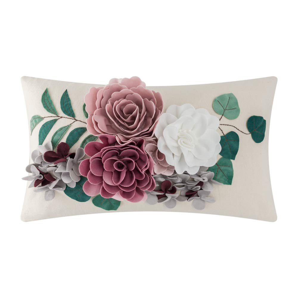 JWH Decorative 3D Flower Throw Pillow Cover Handmade Floral Accent Cushion Case for Living Room Sofa Couch Chair 12x20 Inch Beige Blush