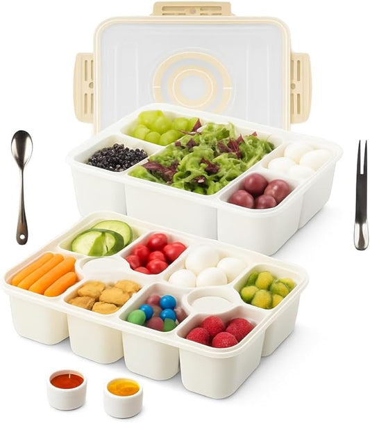 Snackle Box Container - Divided Serving Tray with Lid & Handle - Portable Multi-Compartment (10 & 5) Snack Organizer for Travel, veggies, Nut, fruit, Picnic & party - Dishwasher &Microwave safe