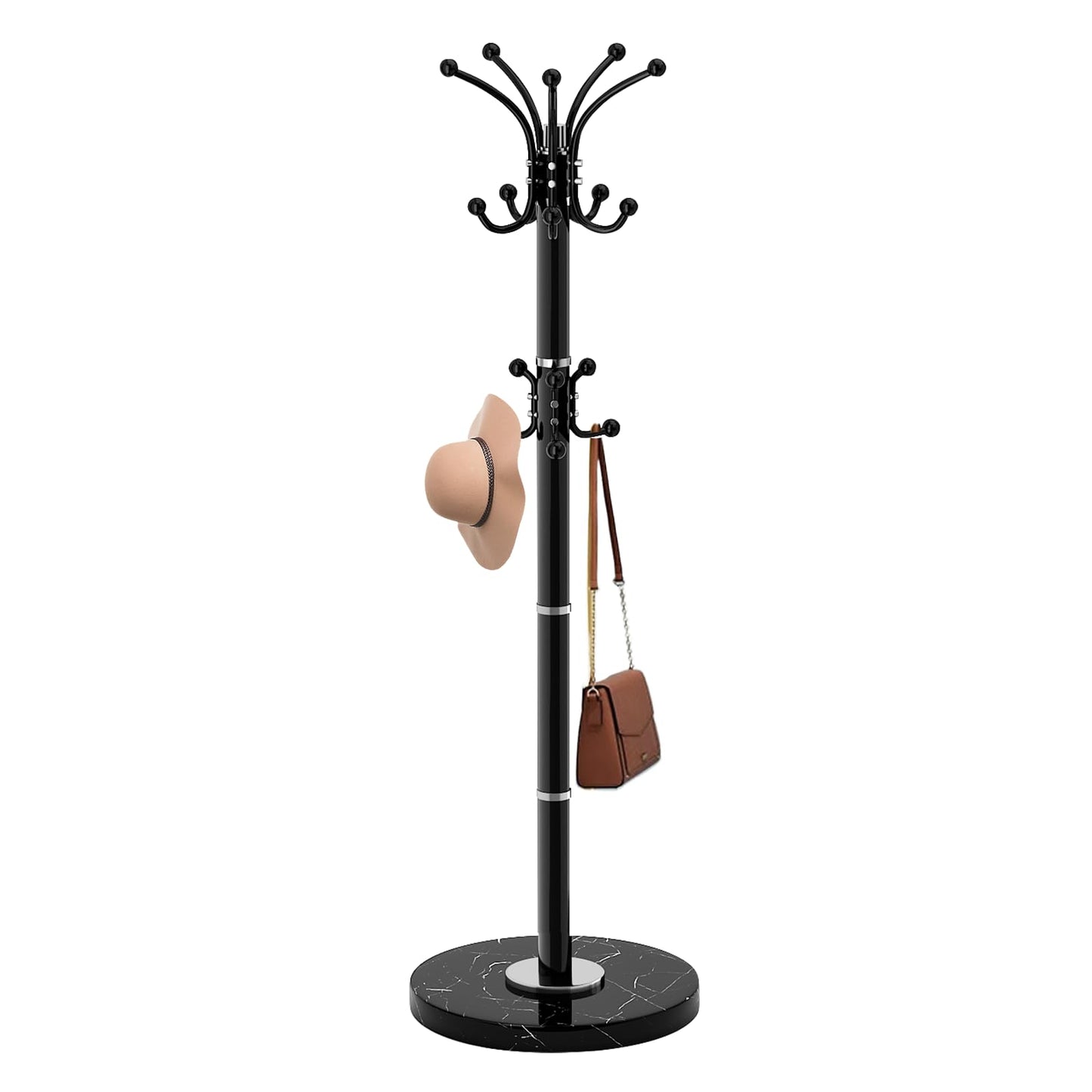 Waavryee Modern Metal Coat Rack Stand, Coat Rack Freestanding with Natural Marble Base, 360°Rotary Design Sturdy Coat Racks with 16 Hooks, White Coat Hall Tree Stand for Entryway (Black)