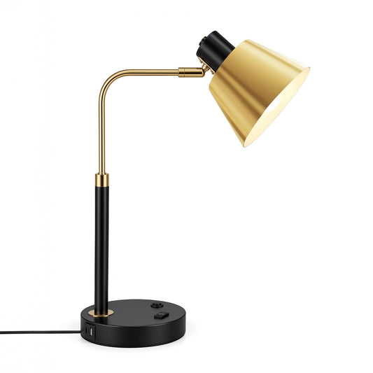 TimberAura Desk Lamp with USB-C, USB-A and AC Outlet, Adjustable E26 Table Lamp for Home Office and Bedside Reading, Matte Black and Brushed Brass-Look, Bulb Not Included