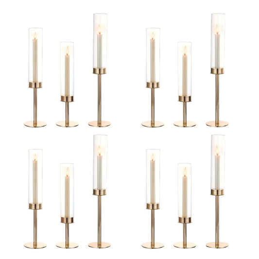 Oakernel Gold Hurricane Candle Holders Set of 12, Tall Metal Windproof Glass Taper Candle Holder for Candelabra Centerpieces for Dining Table, Wedding, Party & Fireplace Mantel Decor