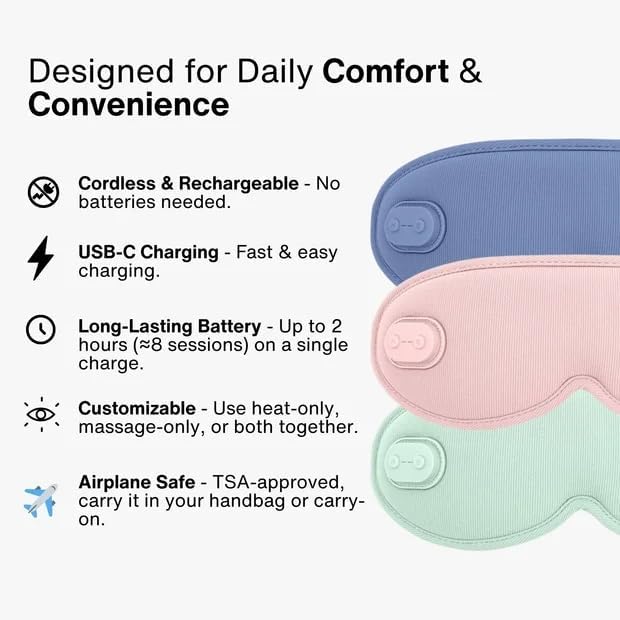 Menorelief Eye Mask, Yoli Menorelief Under Eye Mask with Massage Travel Case, Light Blocking 3D Sleeping Eyes Masks with Adjustable Heat, Better Sleep, Men & Women (Pink)