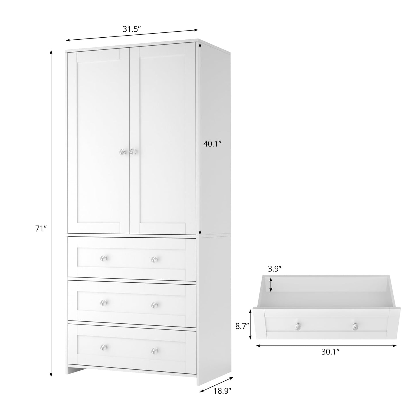 VOWNER Armoire Wardrobe Closet with Drawers and Mirror, 71" Clothing Storage Cabinet with Hanging Rod, 2 Doors Wooden Wardrobe Cabinet for Bedroom, Large Capacity Storage