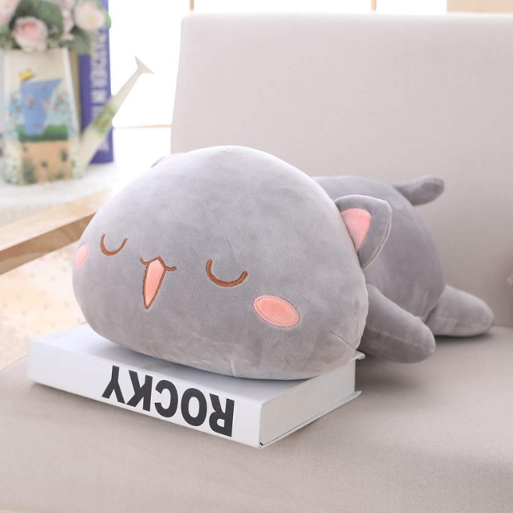 Jensquaify Cat Stuffed Animals, Soft Cat Plush Toy Pillow Kitten Stuffed Animal Toys for Kids (Grey Squint Eyes, 13.7")
