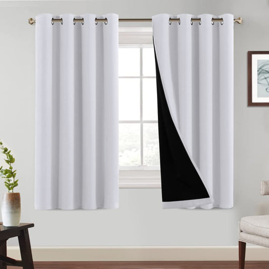 PrinceDeco 100% Blackout Curtains for Bedroom with Black Liner Noise Reducing Grommet Curtain Energy Saving Long Curtains for Patio Sliding Glass Door, Greyish White, 52 inches x 63 inches, 2 Panels
