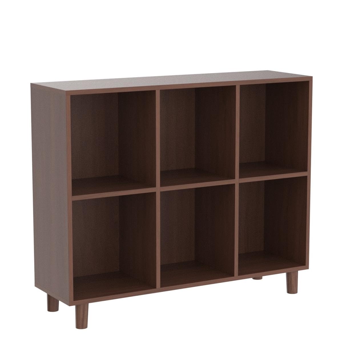 IOTXY Freestanding Open Cubes Bookcase - 2-Tier Floor Standing Wooden Storage Display Cabinet Organizer with Legs for Home Office, 6-Cubes Open Shelf Low Short Bookshelf, Walnut