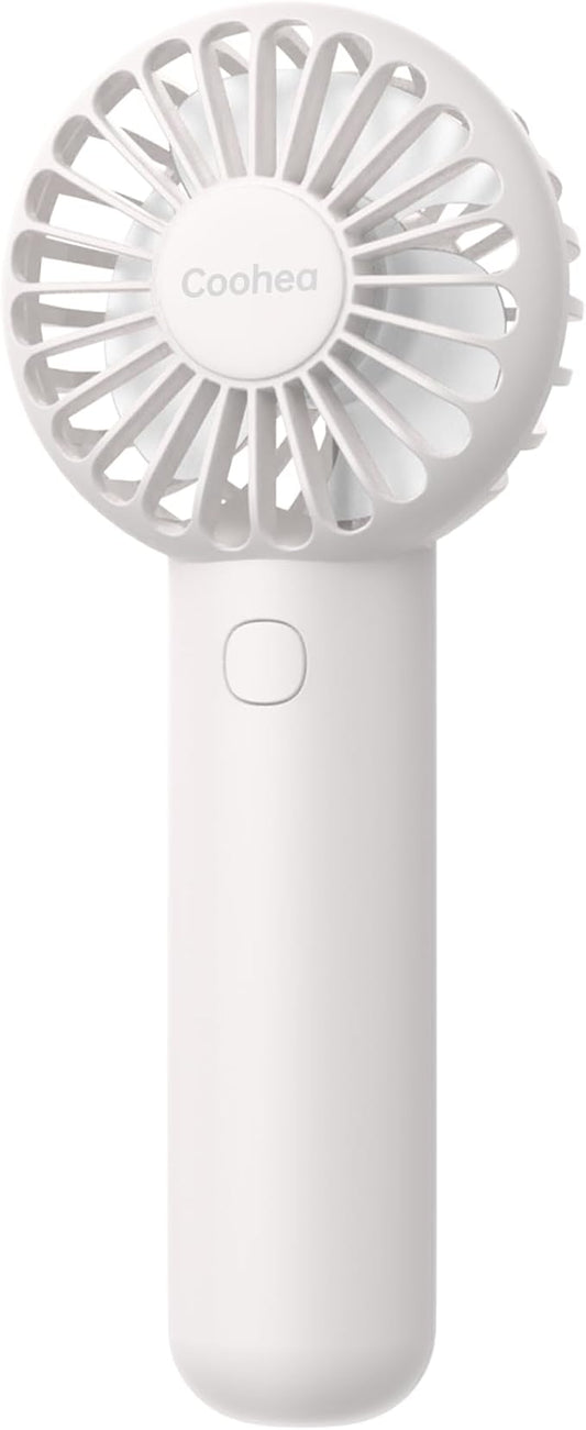 Coohea Mini Handheld Fan, Small Cute Design, 3 Powerful Speeds, USB Rechargeable Battery Operated, Personal Portable Fan with Base & Lanyard, for Eyelash Makeup Travel Beach Office Desk, White